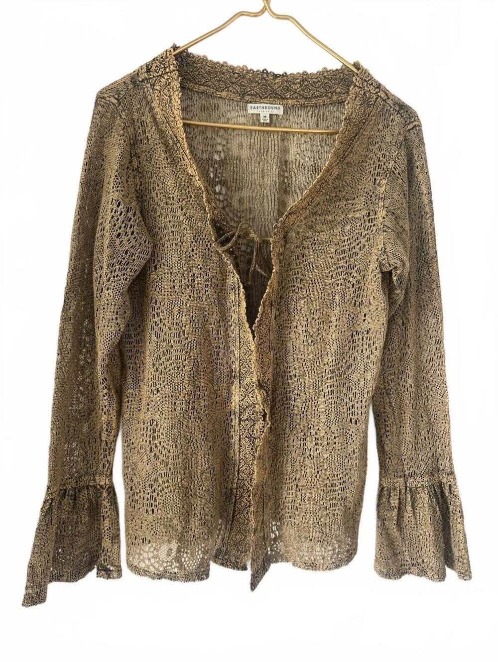 Earthbound Trading Co Boho Crochet Mustard Gold Tie Cardigan Cotton Sz Medium